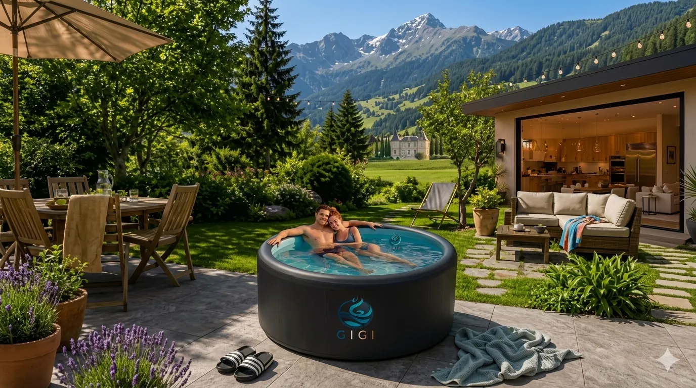 Piscine gonflable ronde installée dans un jardin
